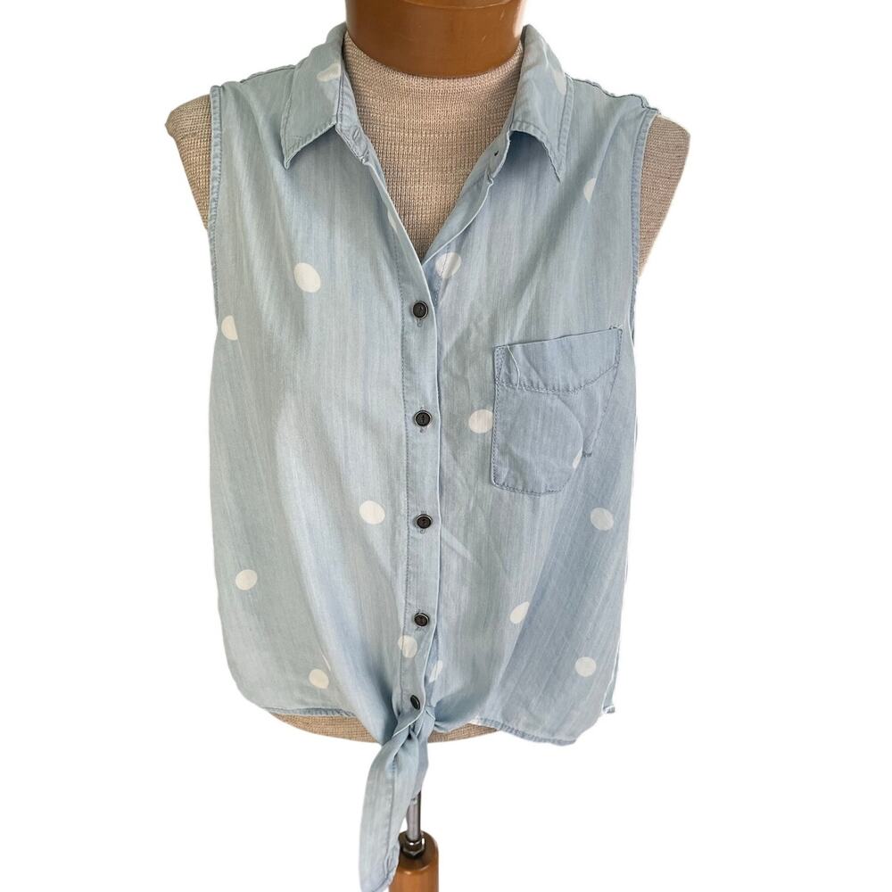 Beachlunchlounge SZ L Womens Sleeveless Polka Dot Top Chambray Blue
